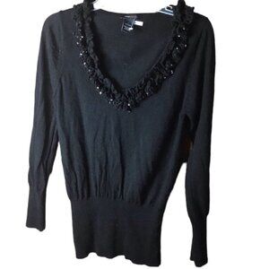 Bcbgmaxazria NEW Ruffle Sequins Scoop Neck 100% Wool Sweater Top Soft Crochet L